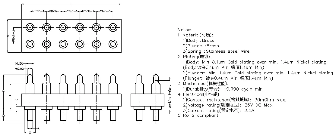 12PIN双排Pogo Pin连接器 12Pin贴片弹簧针连接器12P双排